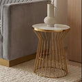 Orsina Tula Gold Side Table – White Glass Top Corset Base End Table