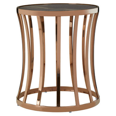 Orsina Tula Round Side Table – Black Marble & Rose Gold Finish