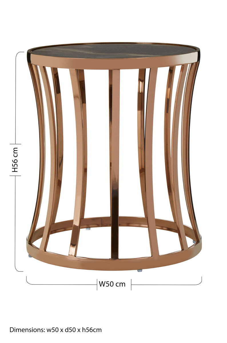 Orsina Tula Round Side Table – Black Marble & Rose Gold Finish
