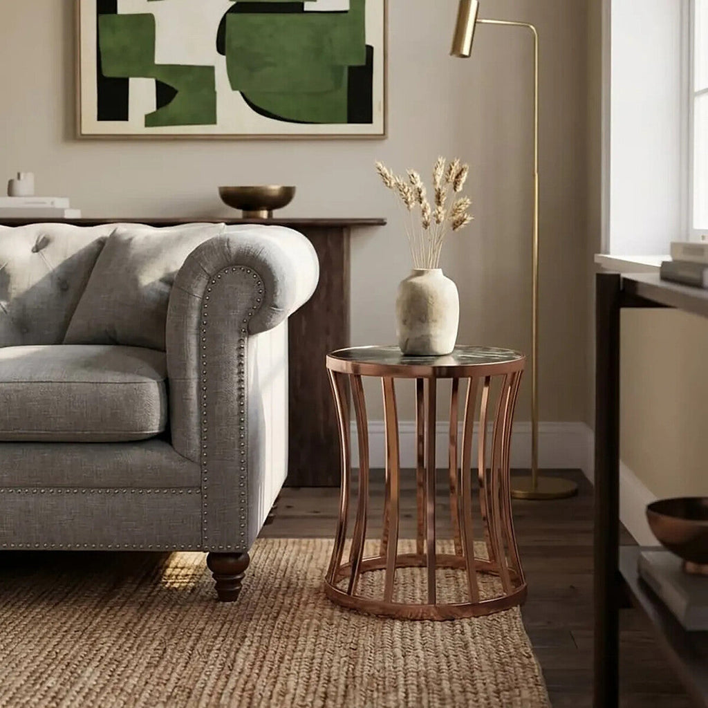 Orsina Tula Round Side Table – Black Marble & Rose Gold Finish