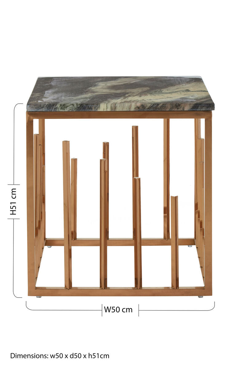Orsina Tula Black Marble Square Side Table | Rose Gold Steel Frame