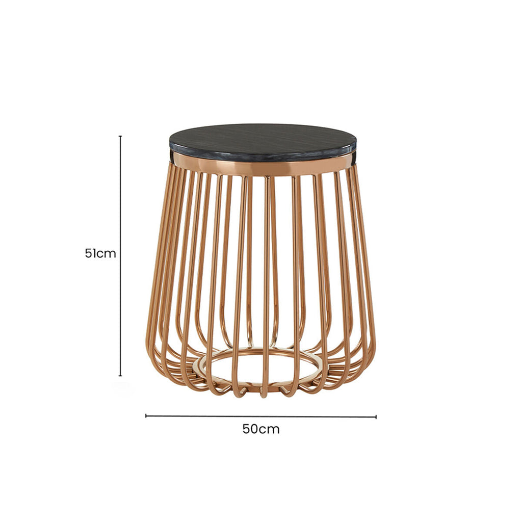Orsina Tula Round Side Table – Black Marble & Rose Gold Cage Base