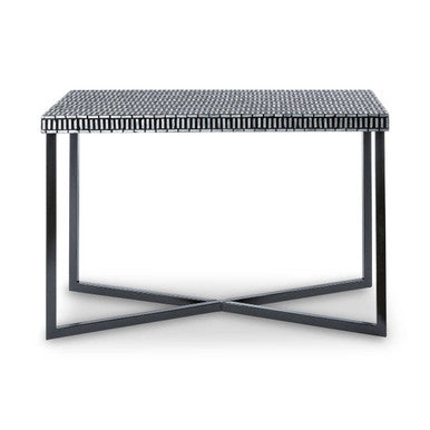 Orsina Bria Shell Inlay Console Table – Black Metal Base Hallway Table