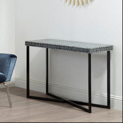 Orsina Bria Shell Inlay Console Table – Black Metal Base Hallway Table