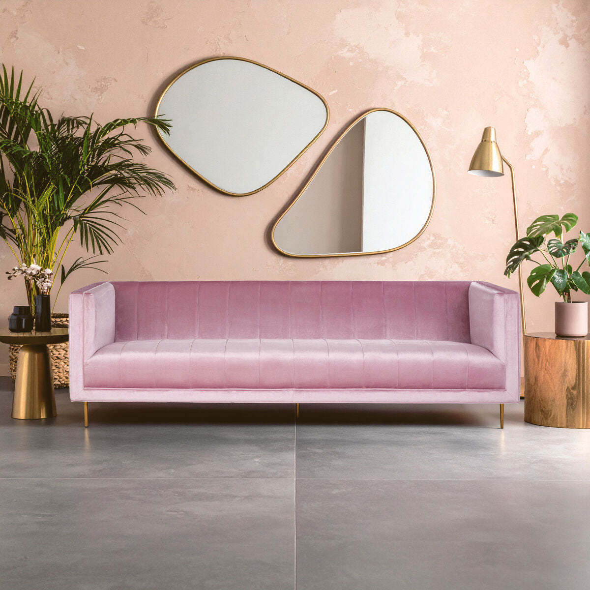 Orsina Otylia 3-Seater Pink Velvet Sofa with Metallic Base