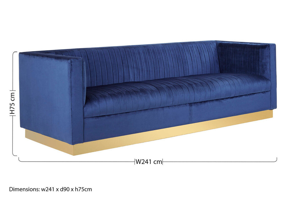 Orsina Opal 3-Seater Deep Blue Velvet Sofa with Gold Base