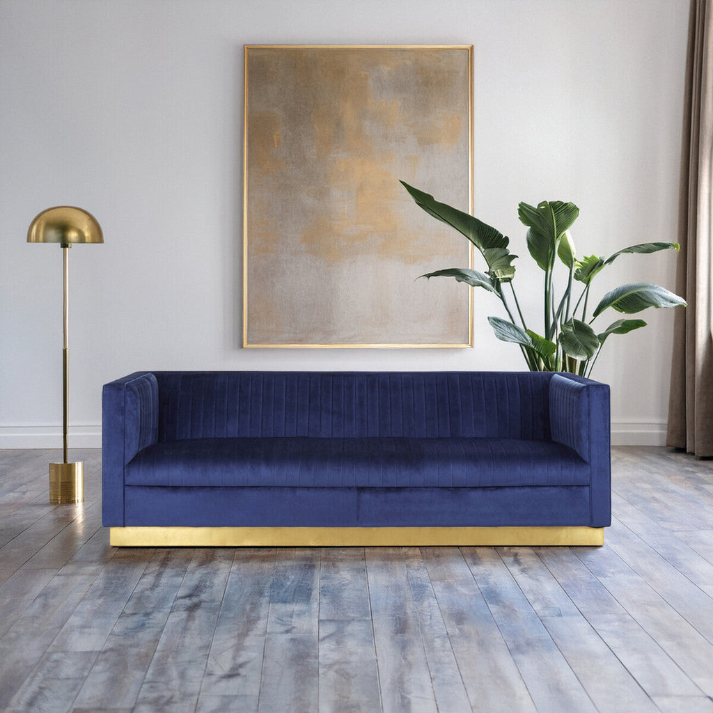 Orsina Opal 3-Seater Deep Blue Velvet Sofa with Gold Base