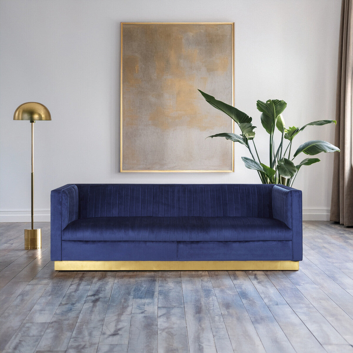 Orsina Opal 3-Seater Deep Blue Velvet Sofa with Gold Base