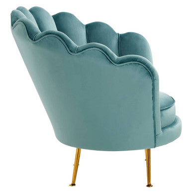 Orsina Ovala Blue Scalloped Accent Chair | Tufted Velvet Vanity Seating