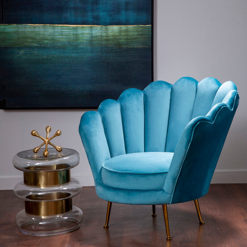 Orsina Ovala Blue Scalloped Accent Chair | Tufted Velvet Vanity Seating