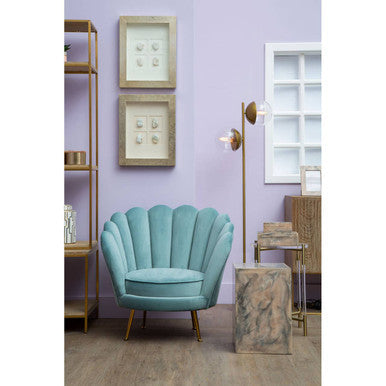 Orsina Ovala Blue Scalloped Accent Chair | Tufted Velvet Vanity Seating