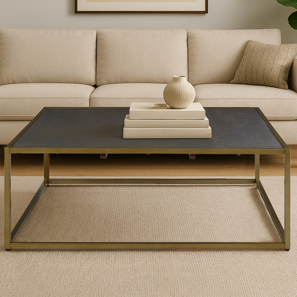 Orsina Kempton Square Coffee Table – Dark Brown Shagreen & Gold