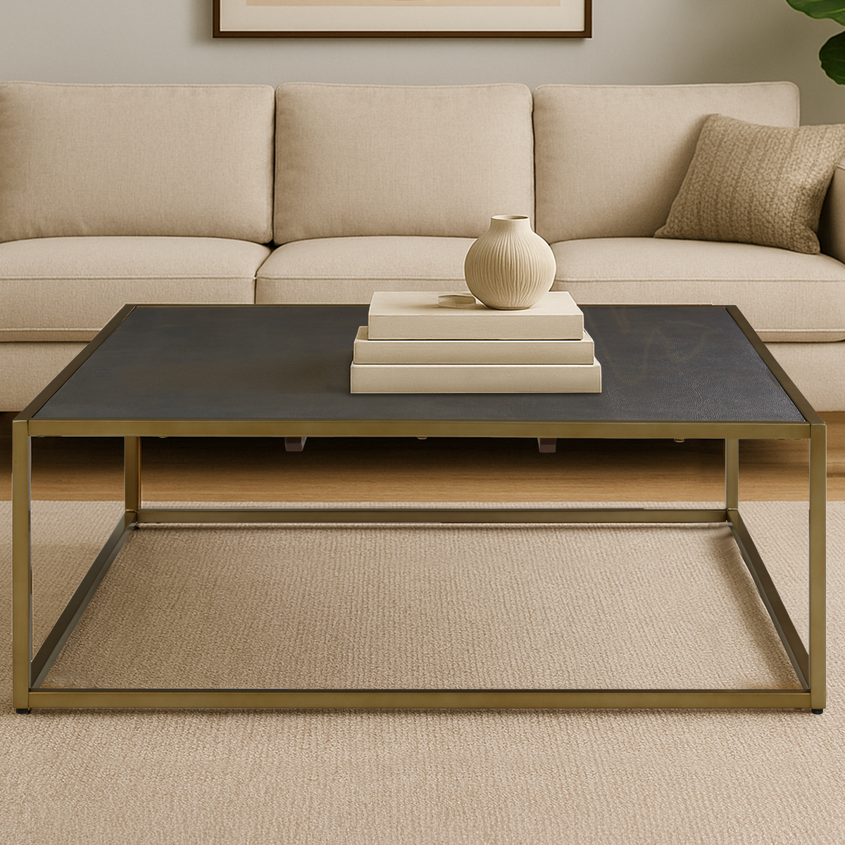 Orsina Kempton Square Coffee Table – Dark Brown Shagreen & Gold