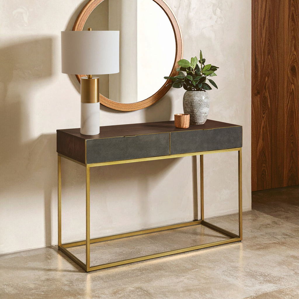 Orsina Kempton Console Table | Brown Shagreen & Gold 2-Drawer Storage