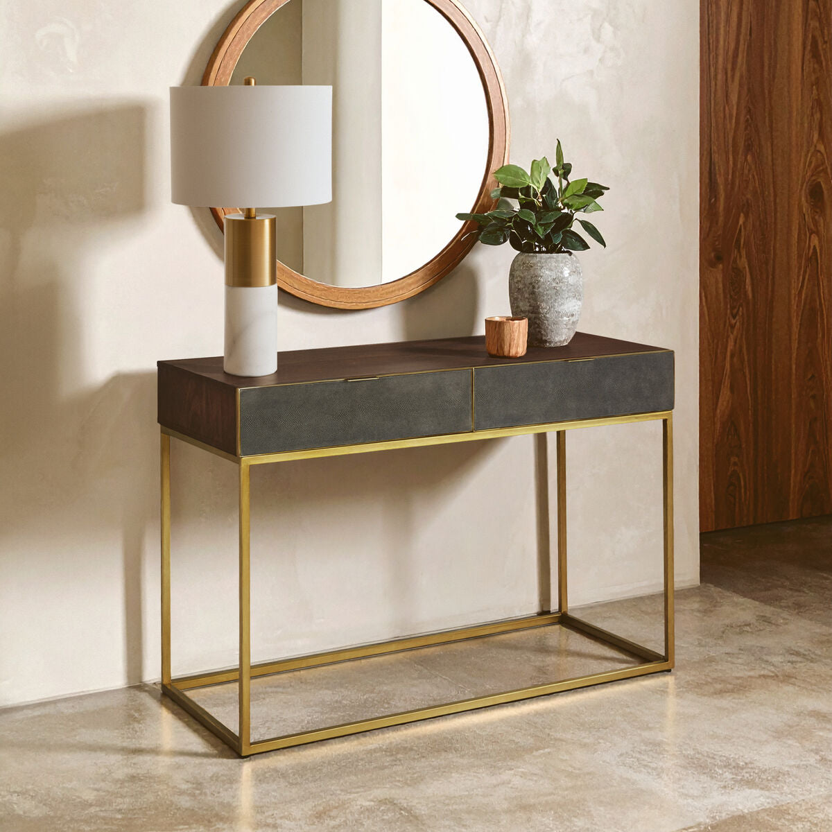 Orsina Kempton Console Table | Brown Shagreen & Gold 2-Drawer Storage