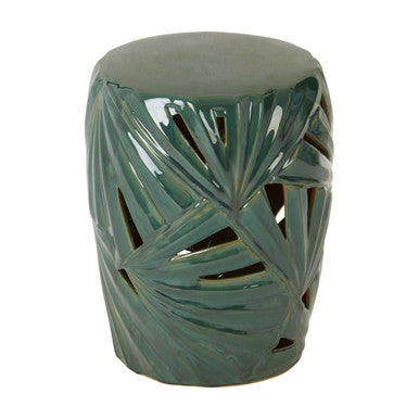 Orsina Green Ceramic Table Stool | Botanical Palm Leaf Accent Side Table