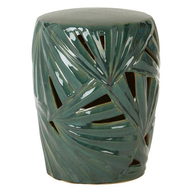Orsina Green Ceramic Table Stool | Botanical Palm Leaf Accent Side Table