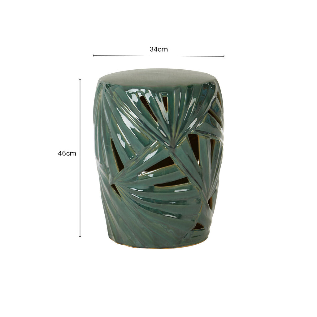 Orsina Green Ceramic Table Stool | Botanical Palm Leaf Accent Side Table