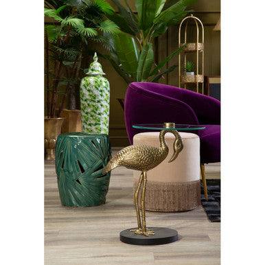 Orsina Green Ceramic Table Stool | Botanical Palm Leaf Accent Side Table