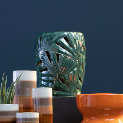 Orsina Green Ceramic Table Stool | Botanical Palm Leaf Accent Side Table