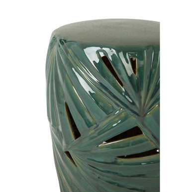 Orsina Green Ceramic Table Stool | Botanical Palm Leaf Accent Side Table