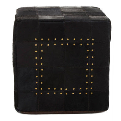 Orsina Safira Black Patchwork Leather Pouffe | Gold Studded Ottoman