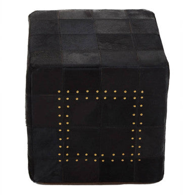 Orsina Safira Black Patchwork Leather Pouffe | Gold Studded Ottoman