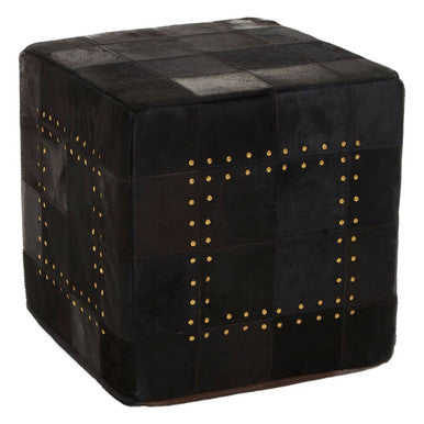 Orsina Safira Black Patchwork Leather Pouffe | Gold Studded Ottoman