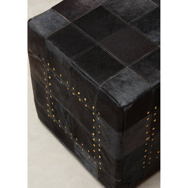 Orsina Safira Black Patchwork Leather Pouffe | Gold Studded Ottoman
