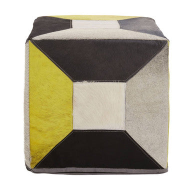 Orsina Safira Geometric Hair on Leather Pouffe – Mosaic Cube Ottoman