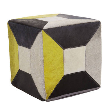 Orsina Safira Geometric Hair on Leather Pouffe – Mosaic Cube Ottoman