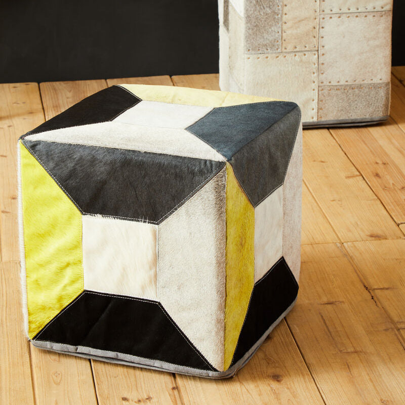 Orsina Safira Geometric Hair on Leather Pouffe – Mosaic Cube Ottoman