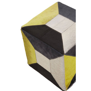 Orsina Safira Geometric Hair on Leather Pouffe – Mosaic Cube Ottoman