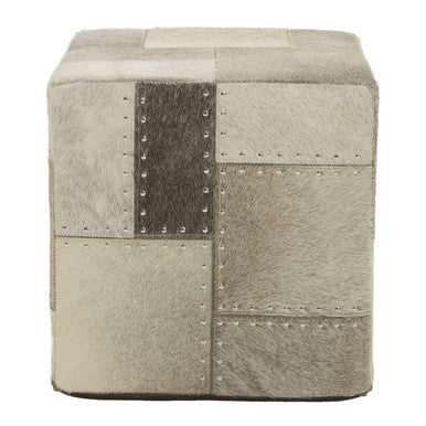 Orsina Safira Grey Leather Pouffe – Patchwork Cube Ottoman Footrest