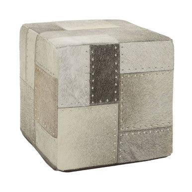 Orsina Safira Grey Leather Pouffe – Patchwork Cube Ottoman Footrest