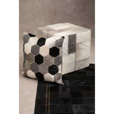 Orsina Safira Grey Leather Pouffe – Patchwork Cube Ottoman Footrest