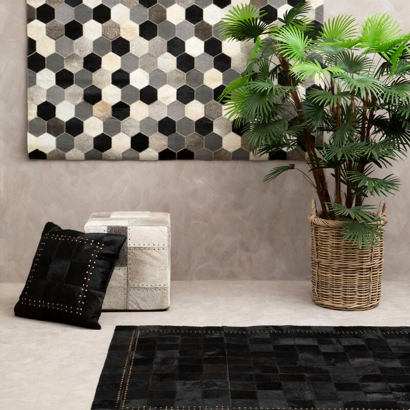 Orsina Safira Grey Leather Pouffe – Patchwork Cube Ottoman Footrest