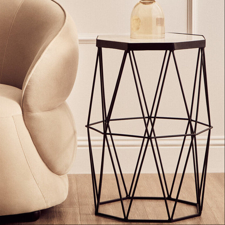 Orsina Shalimar Octagonal Side Table – White Marble & Black Metal Base