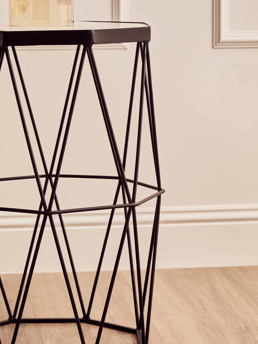 Orsina Shalimar Octagonal Side Table – White Marble & Black Metal Base