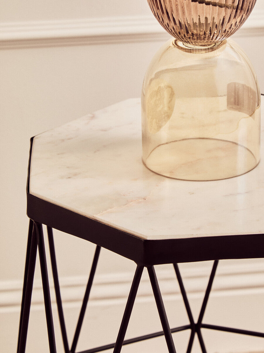 Orsina Shalimar Octagonal Side Table – White Marble & Black Metal Base
