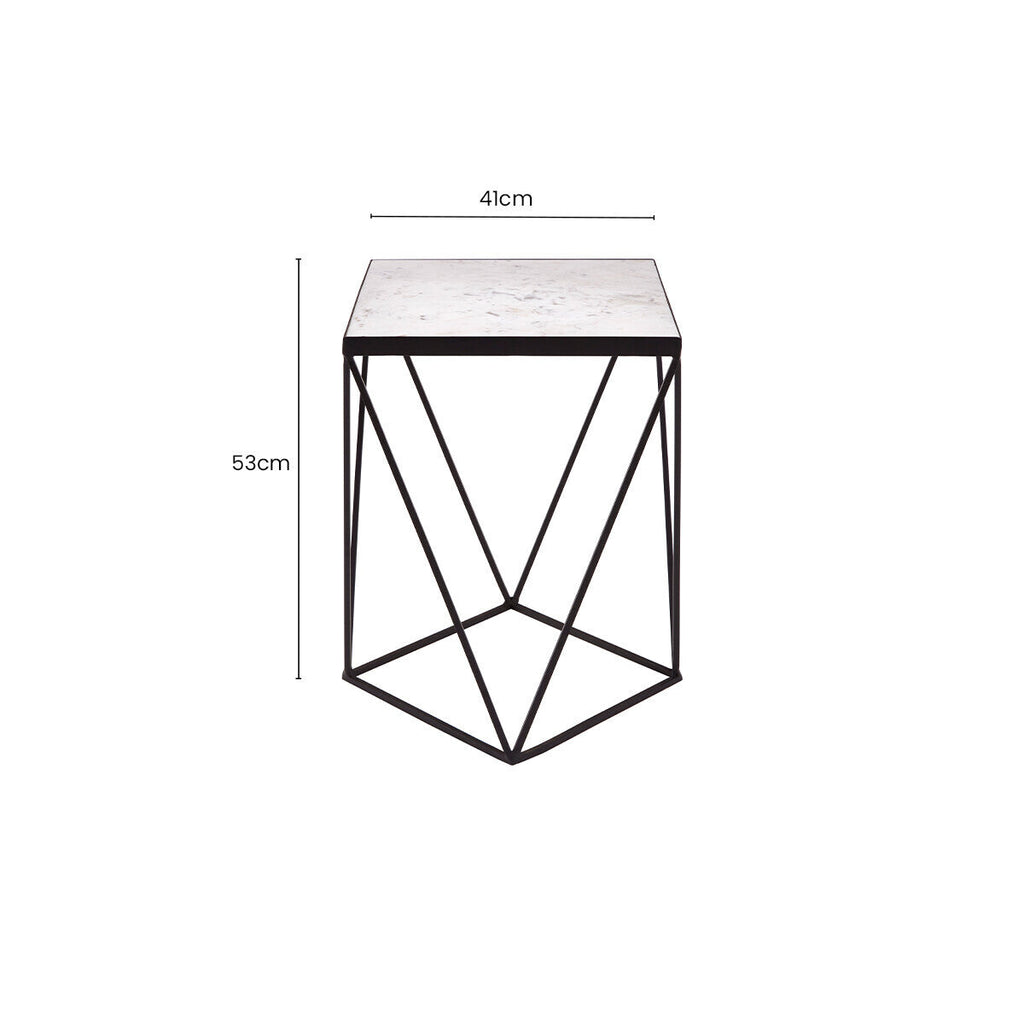 Orsina Shalimar Square White Marble Side Table with Black Metal Base