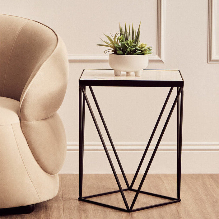 Orsina Shalimar Square White Marble Side Table with Black Metal Base