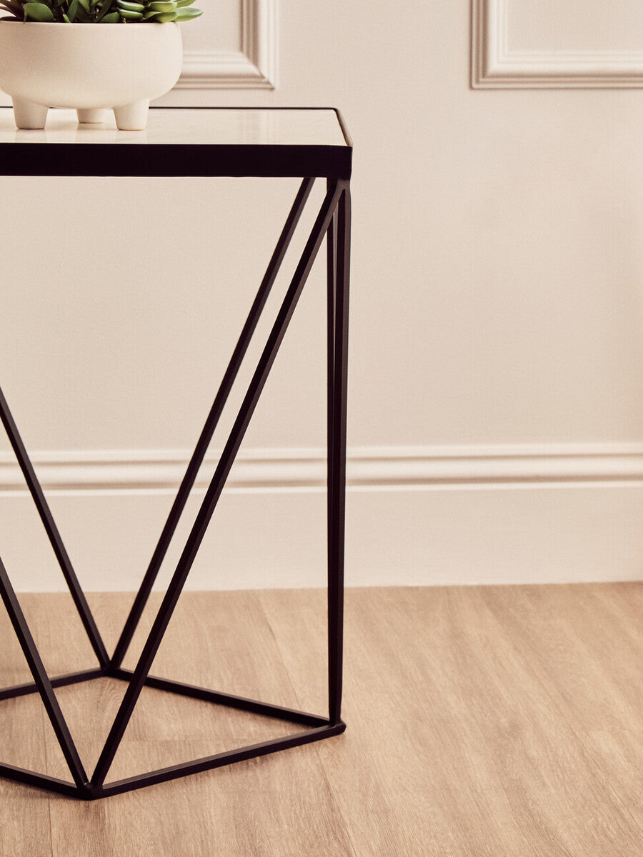 Orsina Shalimar Square White Marble Side Table with Black Metal Base