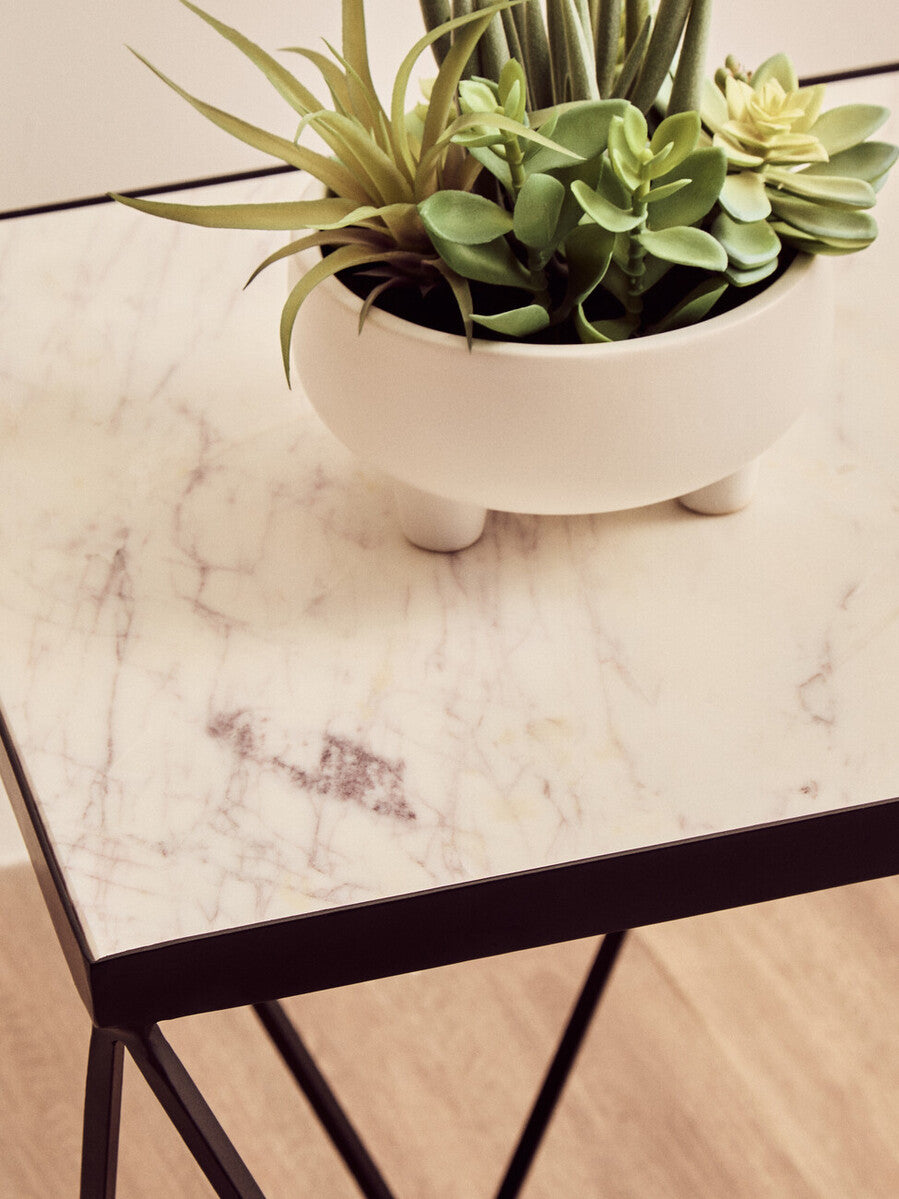 Orsina Shalimar Square White Marble Side Table with Black Metal Base