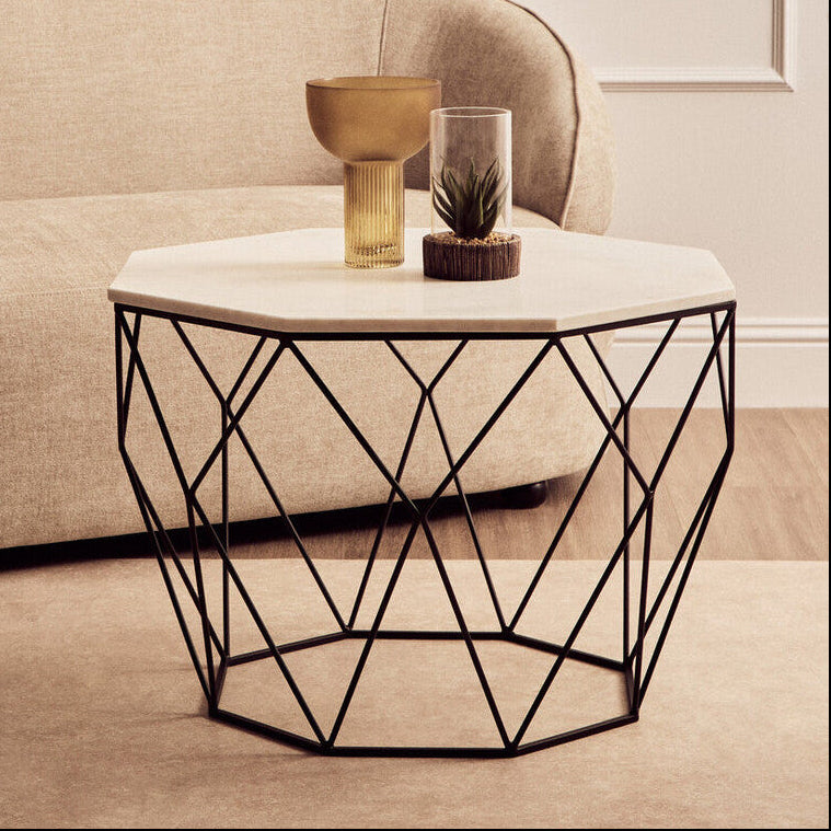 Orsina Shalimar Octagon Coffee Table | White Marble & Black Iron