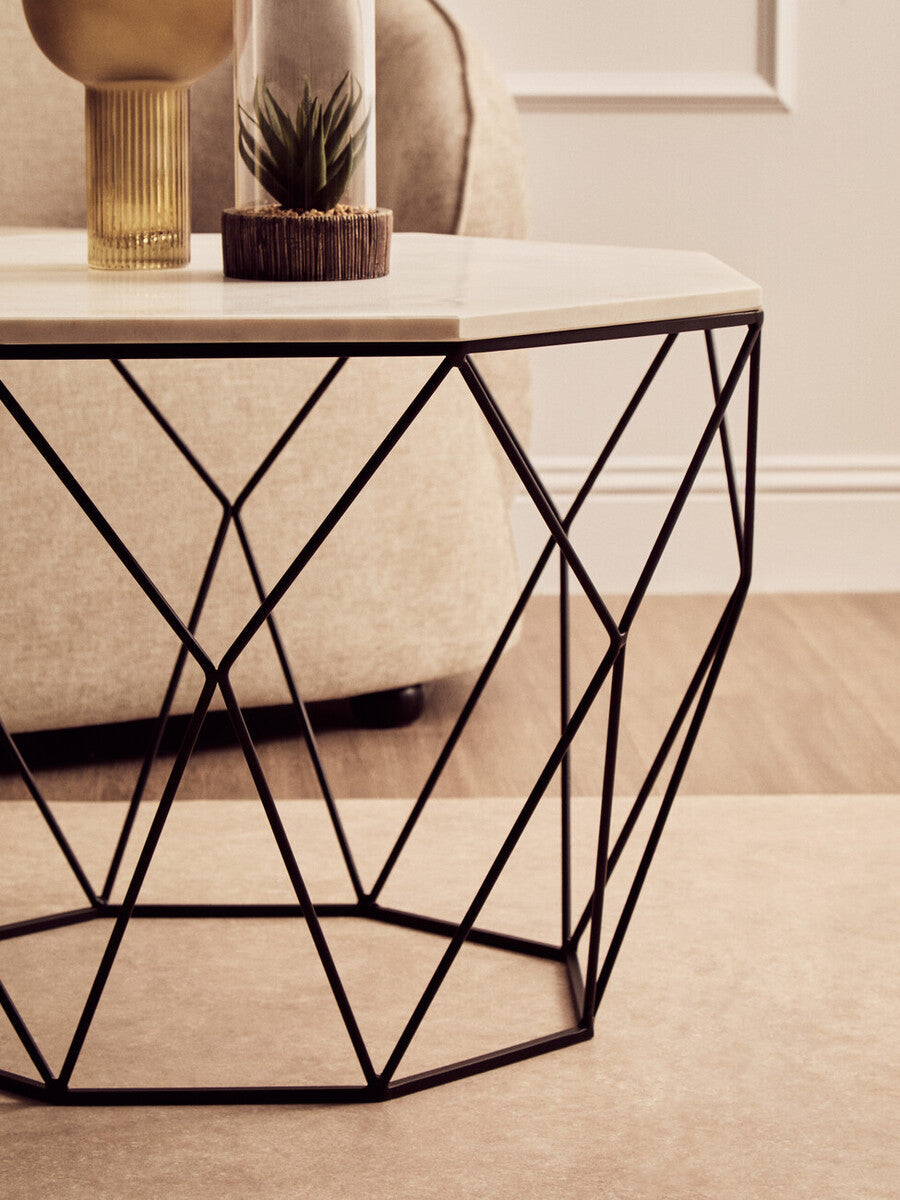 Orsina Shalimar Octagon Coffee Table | White Marble & Black Iron