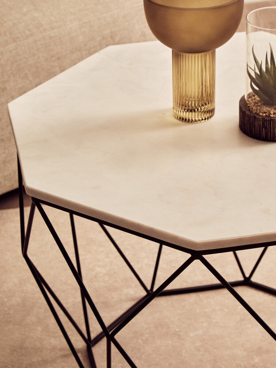 Orsina Shalimar Octagon Coffee Table | White Marble & Black Iron