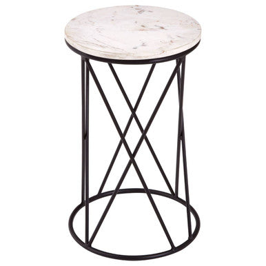 Orsina Shalimar Round White Marble Side Table with Black Iron Base