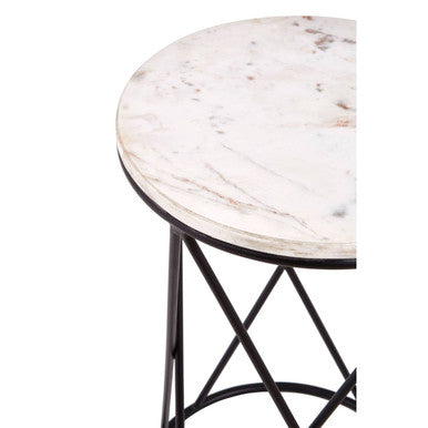 Orsina Shalimar Round White Marble Side Table with Black Iron Base