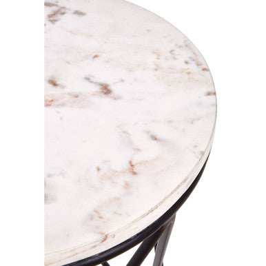 Orsina Shalimar Round White Marble Side Table with Black Iron Base